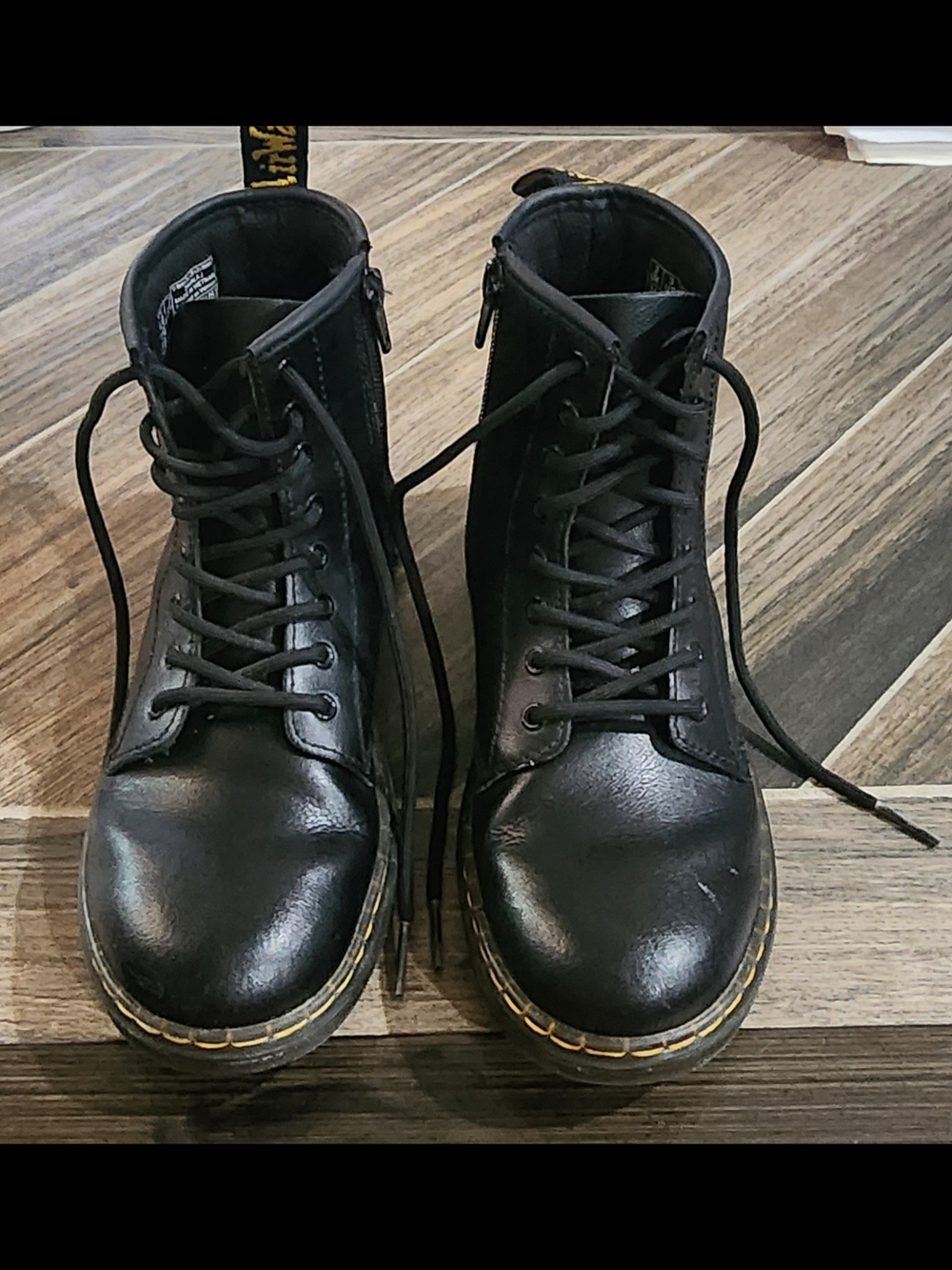 Kids Sz 3 Dr. Martens Black Lace-Up Combat Boots with Yellow Stitching